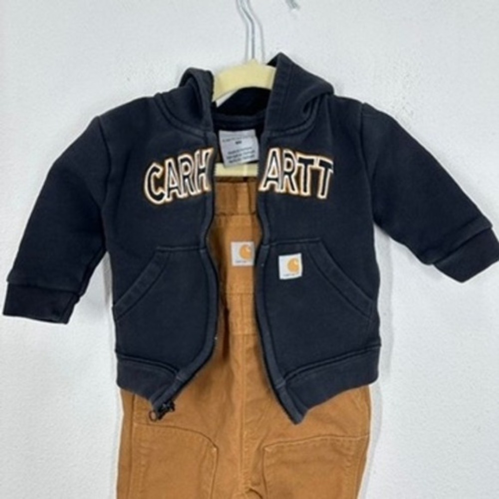 Carhartt Baby Toddler Set Brown Canvas Bib Overalls and Black Sweatshirt Size 6M - Picture 12 of 16